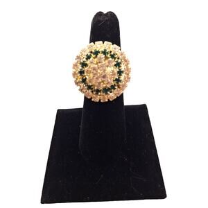 Adjustable Statement Ring Clear and Green Rhinestones Silver Tone